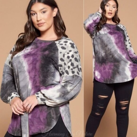 Womens Plus Size Top Purple Tie-Dye Leopard Print Long Sleeve by Emerald - Picture 1 of 12